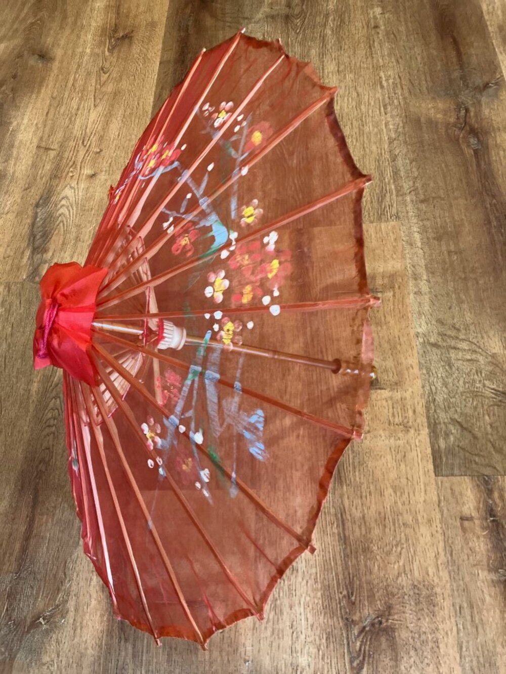Oriental Parasol Hand Painted Bamboo & Fabric Vintage 23" Diameter